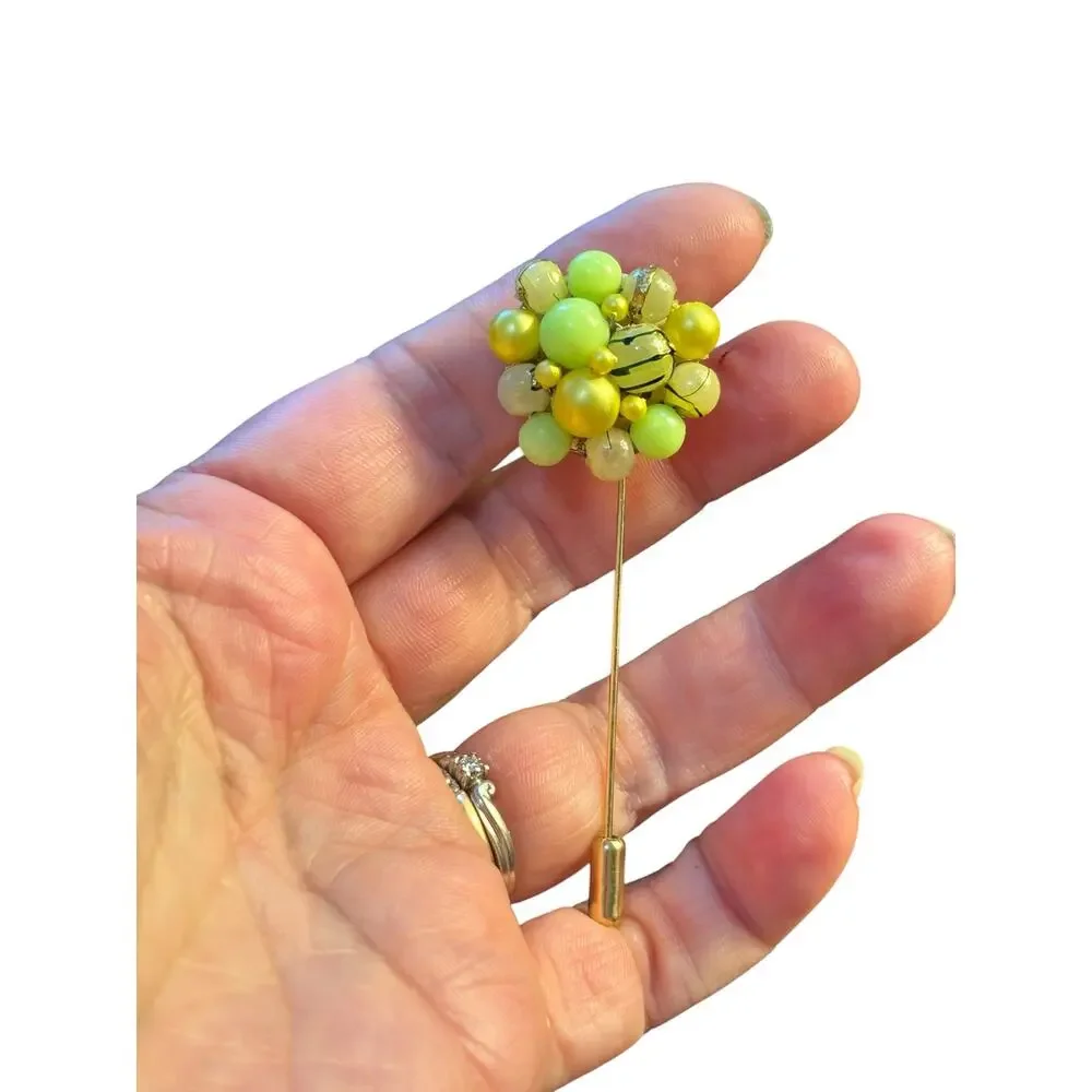 Lime Green & Yellow Bead Cluster Stick Pin Handmade from Single Vintage Earring